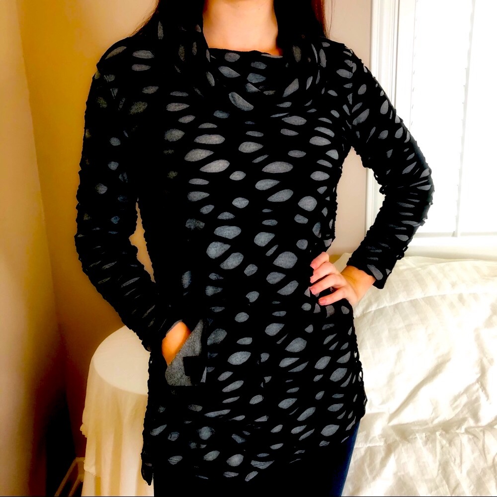 3 LEFT S-L CHIC Distressed Cowl Turtleneck Black Gray Top Church Office Attire